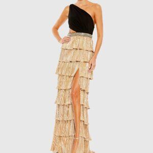 ✨ MacDuggal Black & Gold Gown – Size 12 ✨  Missing sequins